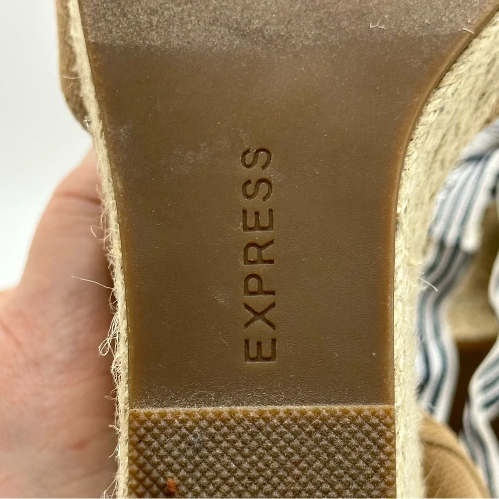EXPRESS espadrille wedge Black/white Ribbon Ankle Wrap Fabric Tan size 9…